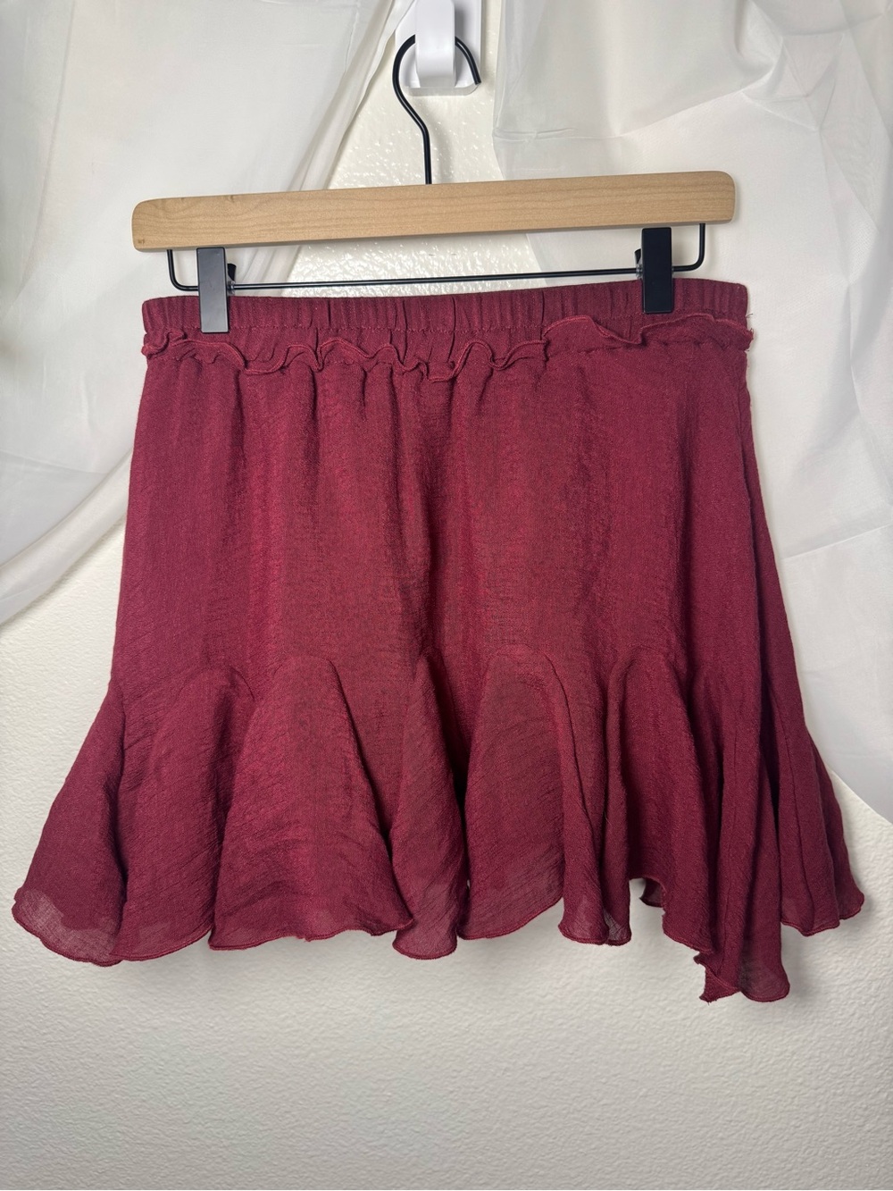 Women's Flowy Burgundy Ruffle Hem Fairycore Asymmetrical Mini Skirt